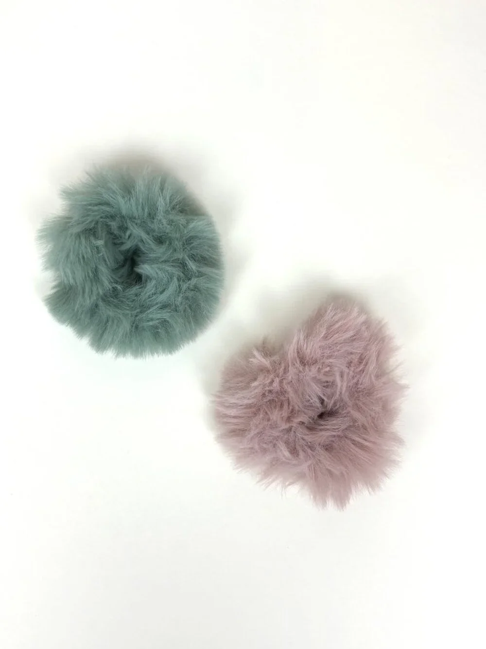 Cute set of soft fluffy fuzzy faux fur scrunchies pom pom hair ties. New